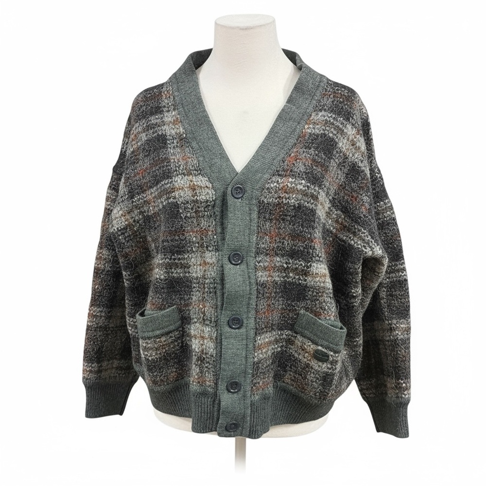 Valentino Studio Vintage 1990s Virgin Wool Boucle‎ Plaid Cardigan Italy Sz 6